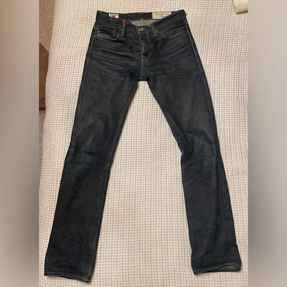 Rogue Territory Slim Straight Jeans in Dark Indigo with Brown Leather Patch
